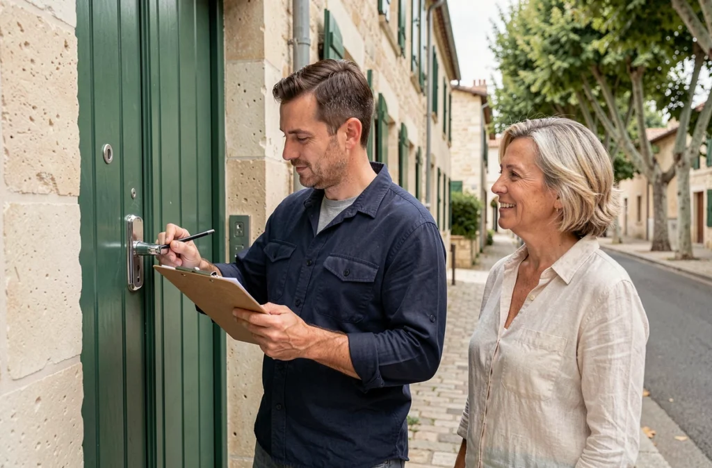 Serrurier référencé sur Travaux.com finalisant une installation de serrure à Tours avec une propriétaire satisfaite