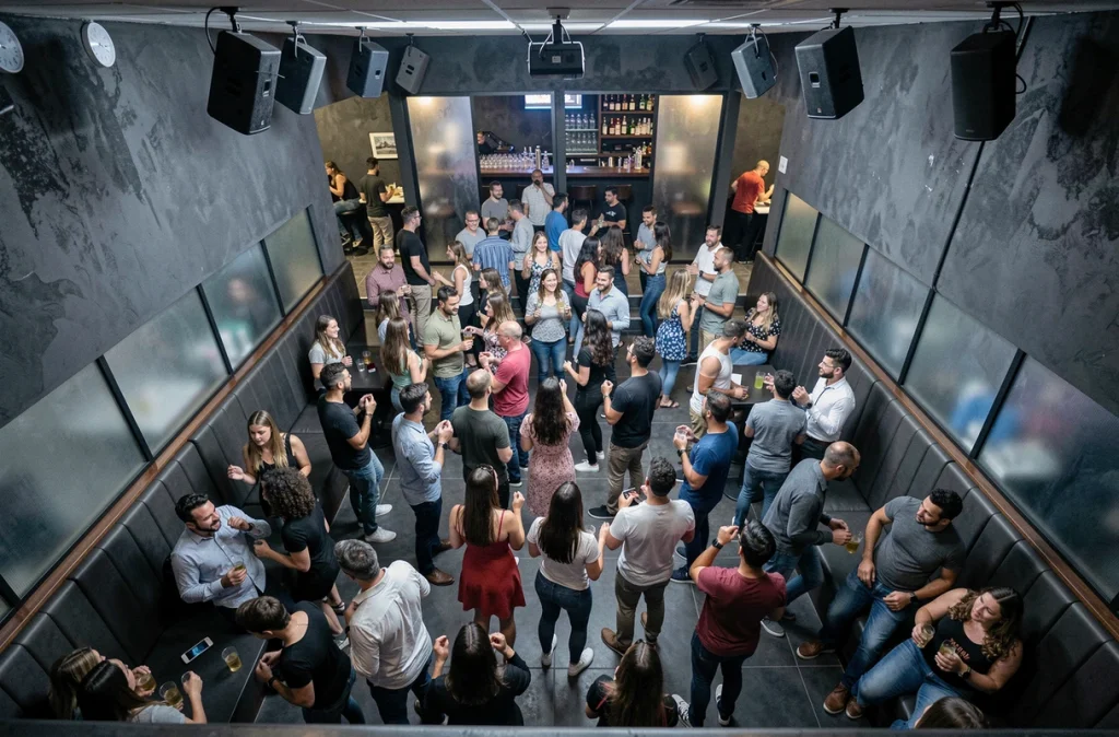 Vue en plongée de l'Urban Club à Tarbes avec piste de danse rectangulaire et ambiance contemporaine