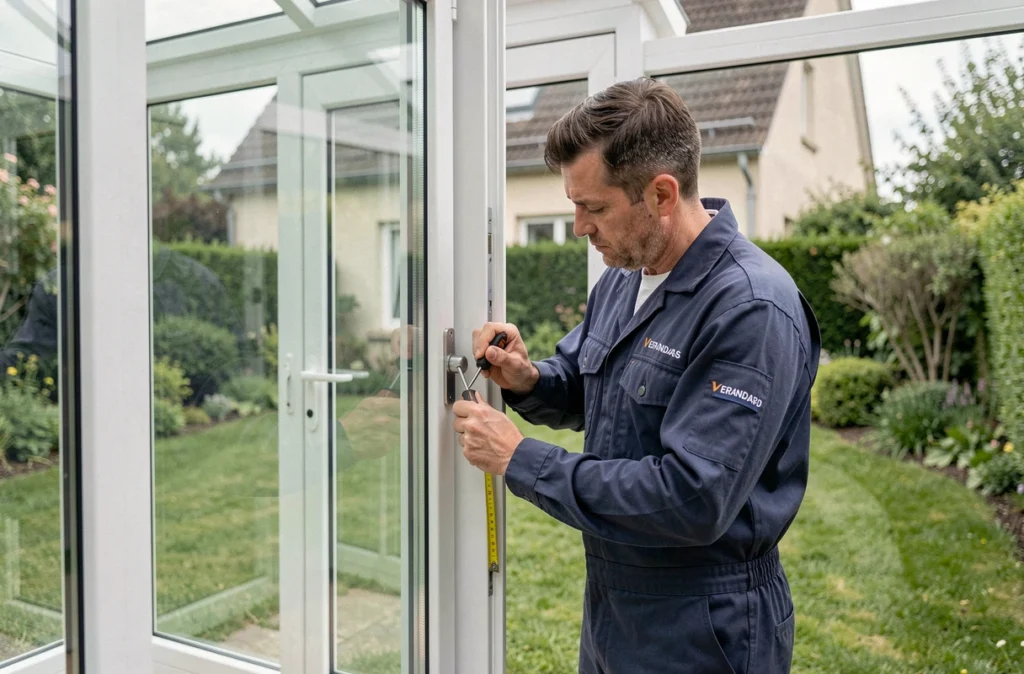 Technicien Verandas Sicard posant une serrure sur une porte de véranda PVC dans un jardin résidentiel à Tours