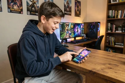 Adolescent jouant à Brawl Stars sur smartphone avec interface de gemmes et Brawl Pass visible à l'écran