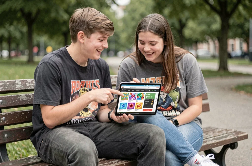 Deux adolescents regardant ensemble une tablette avec des offres de gemmes gratuites sur Brawl Stars dans un parc