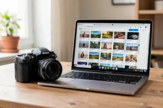 Appareil photo Nikon posé près d'un ordinateur portable ouvert