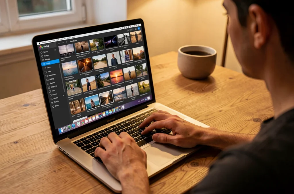 Photographe qui convertit un dossier de fichiers RAW sur son ordinateur